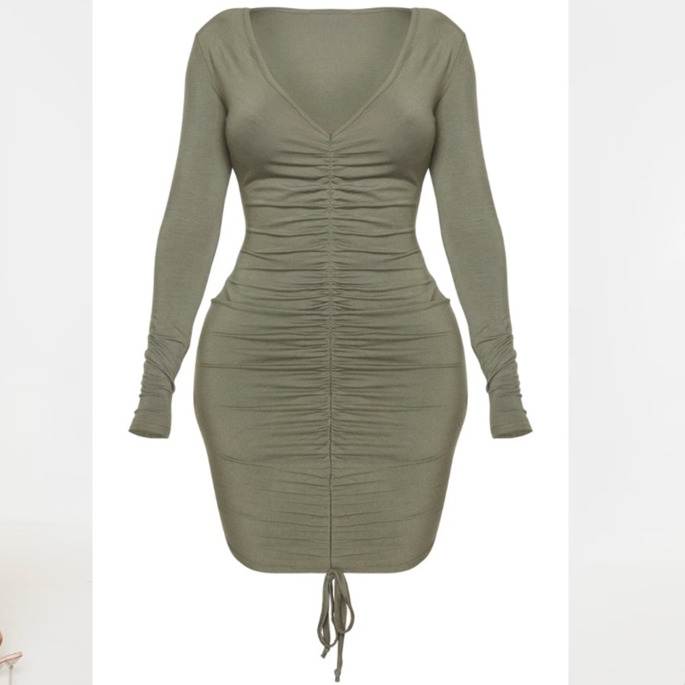 Green/khaki long sleeve ruched front dress